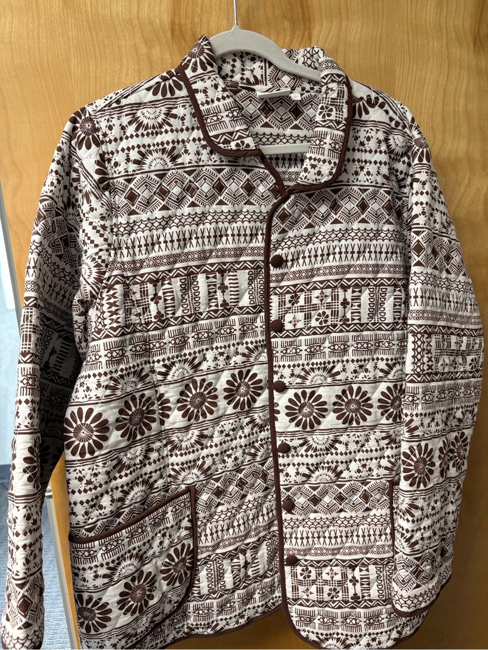 Quilted Floral-Print Jacket in Brown and Cream